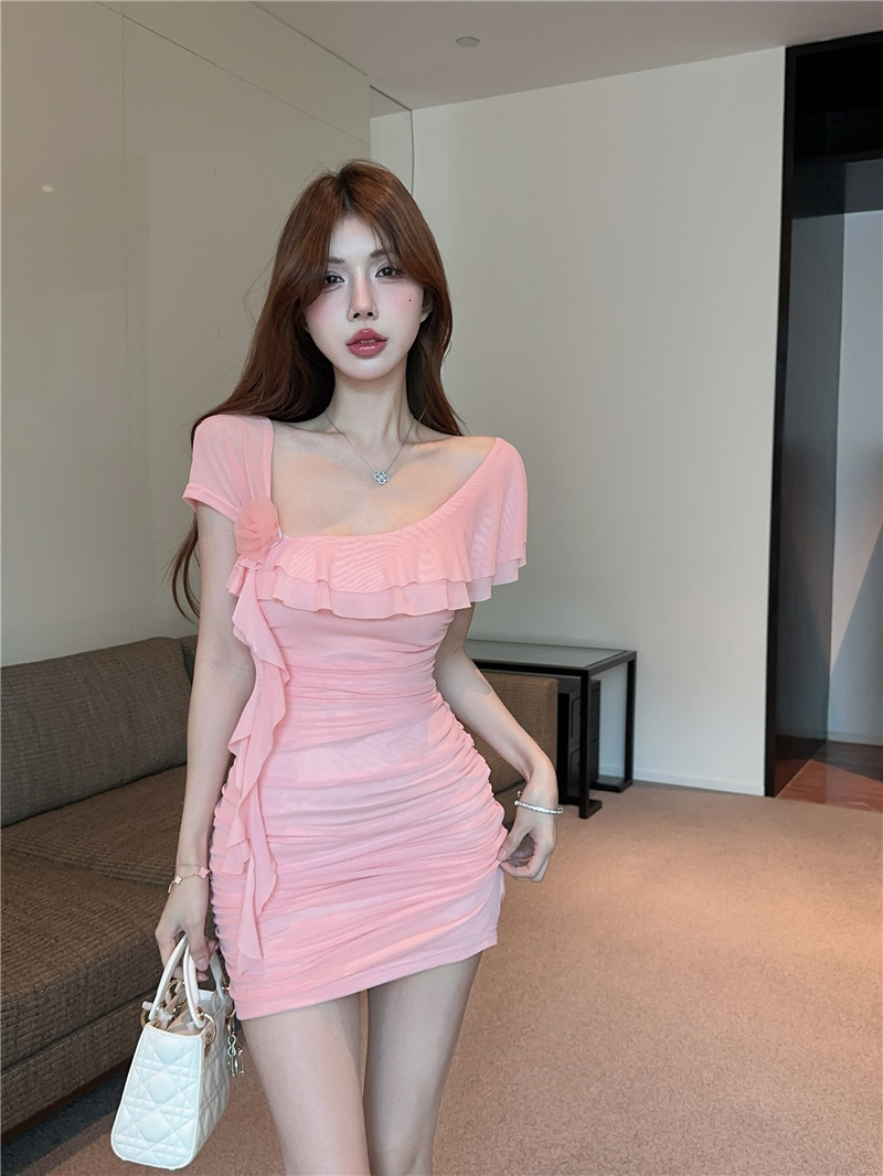 Mesh Fringe Bodycon Dress with Waist Pleats