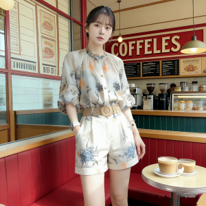 Women's Summer Print Chiffon Shirt and Shorts Two-Piece Set