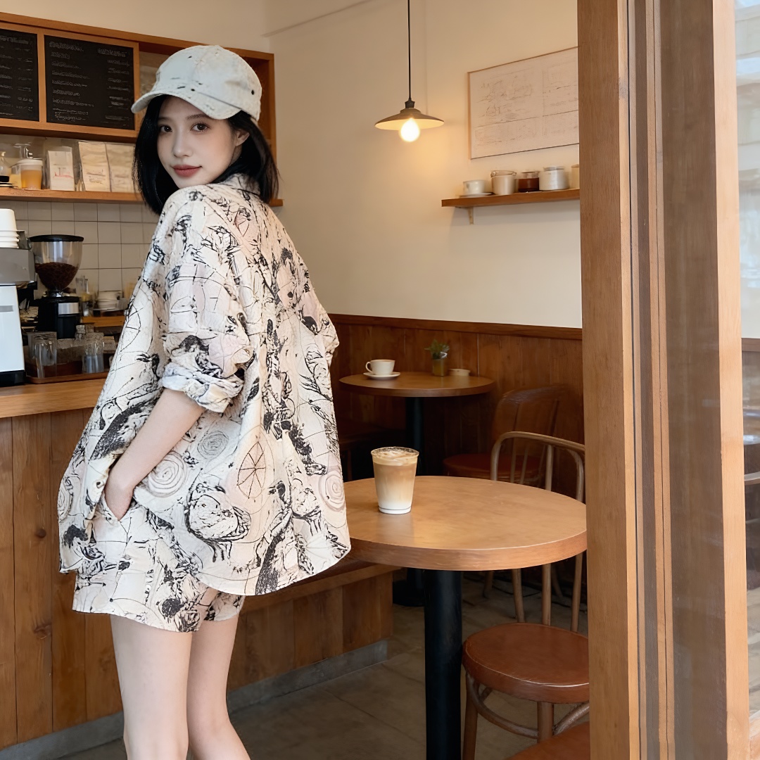 Xiaoxiang Style Two-Piece Set Women Summer Shirt and Shorts - Image 2