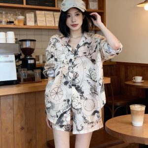 Xiaoxiang Style Two-Piece Set Women Summer Shirt and Shorts