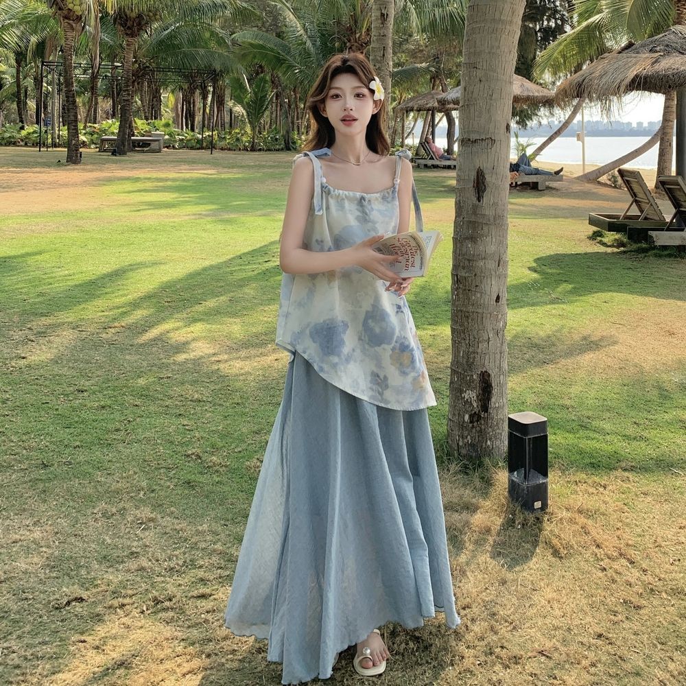 Blue Ink Wash Cami Top and Skirt Two-Piece Set Summer 2026 Beach Vacation Outfit
