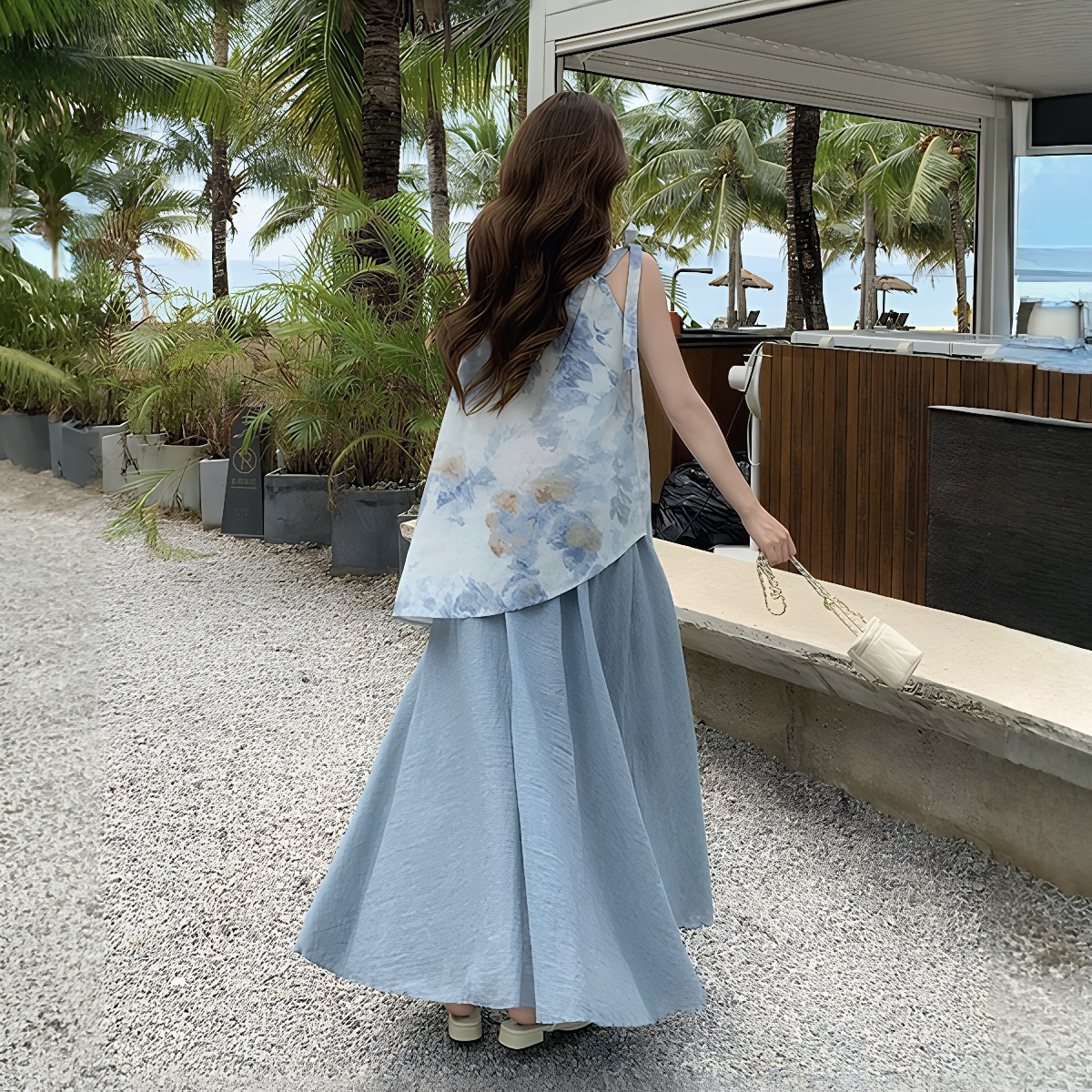 Blue Ink Wash Cami Top and Skirt Two-Piece Set Summer 2026 Beach Vacation Outfit - Image 2