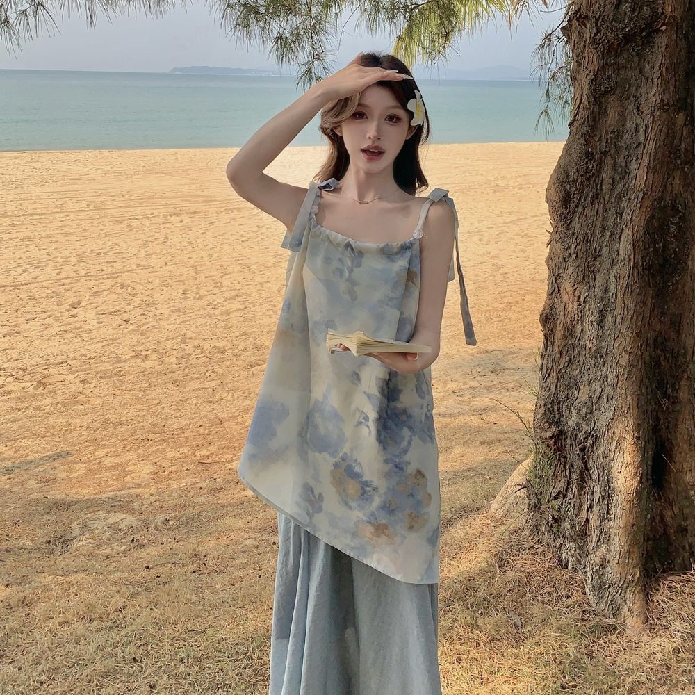 Blue Ink Wash Cami Top and Skirt Two-Piece Set Summer 2026 Beach Vacation Outfit - Image 3