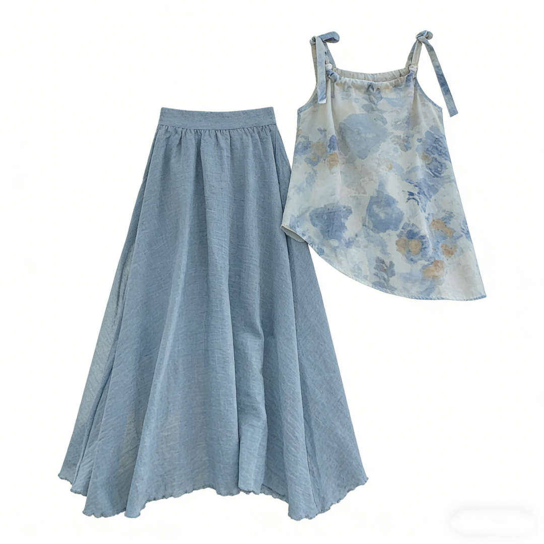 Blue Ink Wash Cami Top and Skirt Two-Piece Set Summer 2026 Beach Vacation Outfit - Image 5