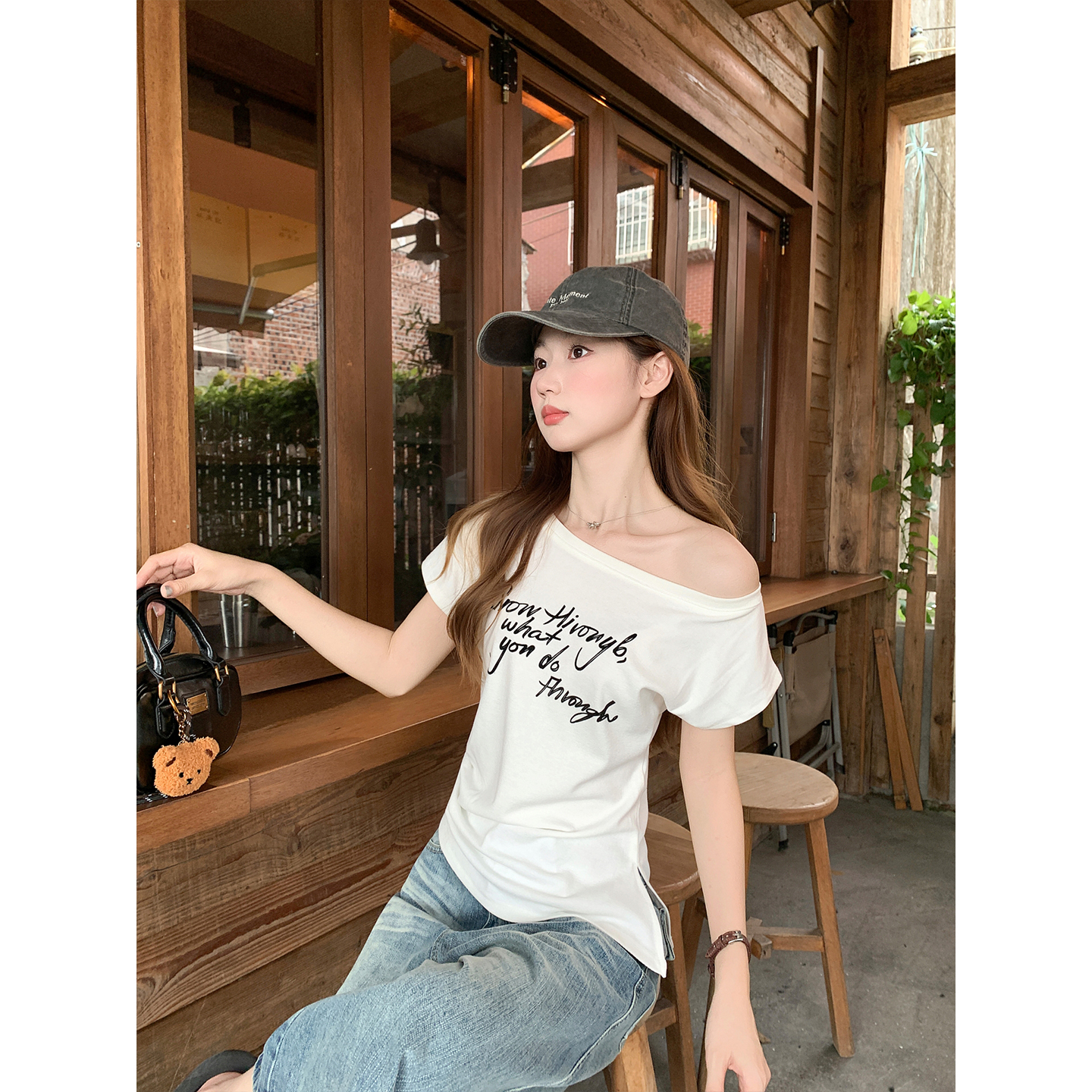 womens-off-shoulder-slant-neck-short-sleeve-white-t-shirt-summer-korean-letter-print-split-hem-slim-fit-top