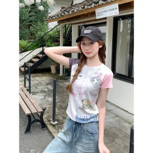 Sweet and Spicy Cat Print Raglan Short Sleeve T-Shirt for Women Summer New Slim Fit Cropped Shoulder Pad Petite Slimming Top
