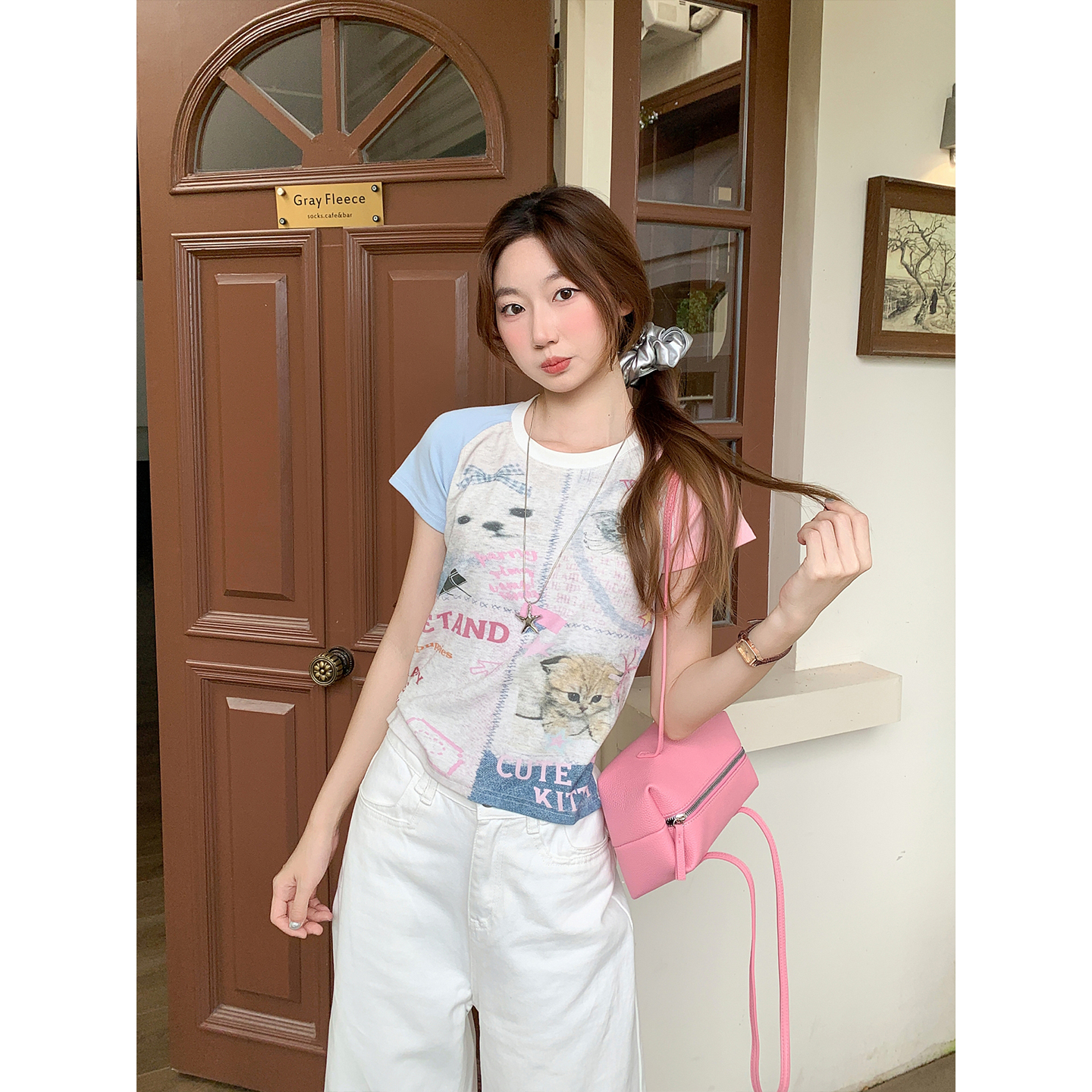 Sweet and Spicy Cat Print Raglan Short Sleeve T-Shirt for Women Summer New Slim Fit Cropped Shoulder Pad Petite Slimming Top - Image 4