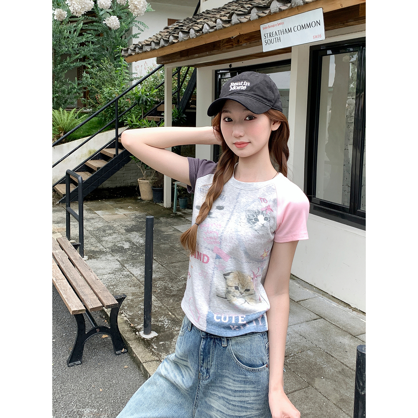 American Retro Cat Print Raglan Short Sleeve T-Shirt for Women Summer Slim Fit - Image 3