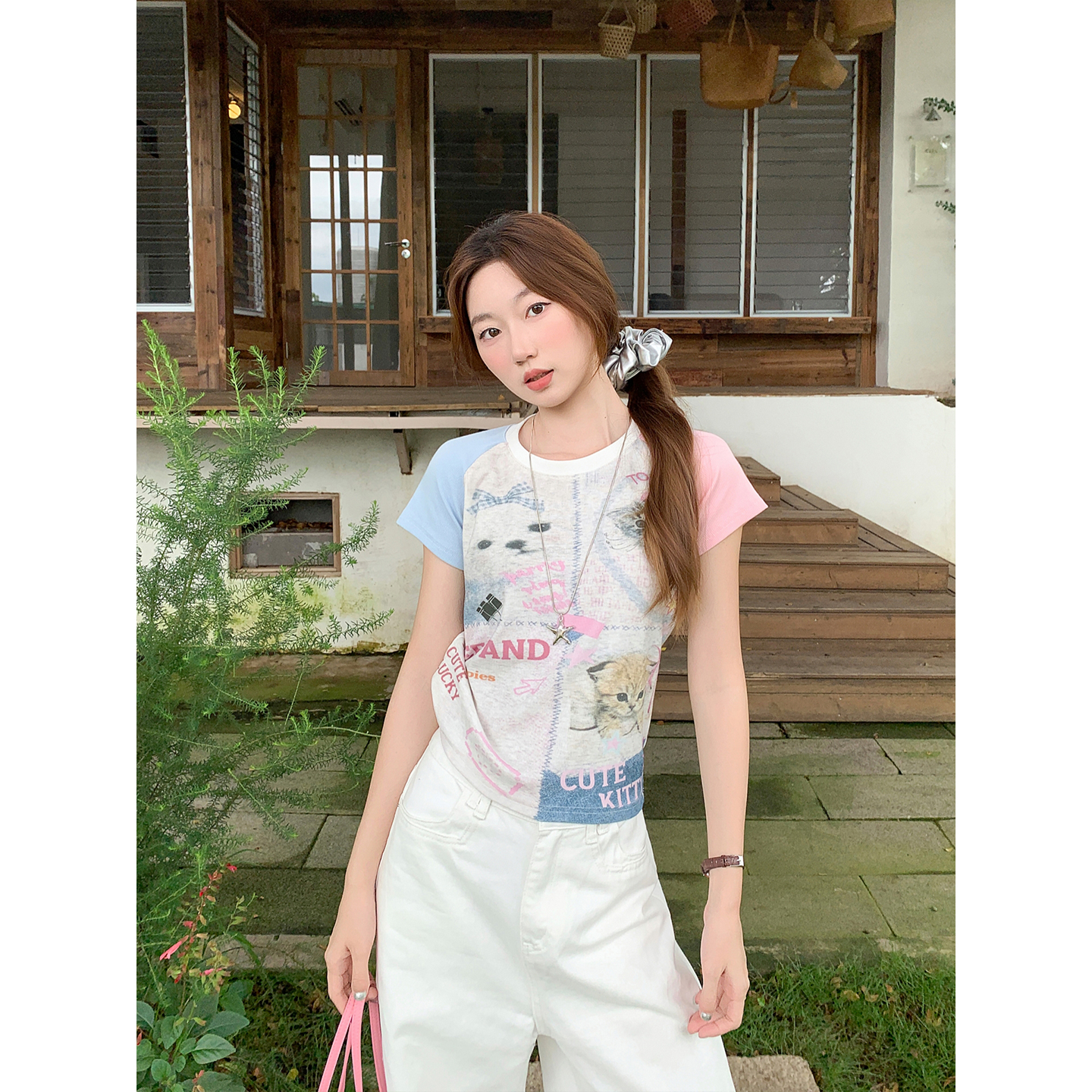 American Retro Cat Print Raglan Short Sleeve T-Shirt for Women Summer Slim Fit