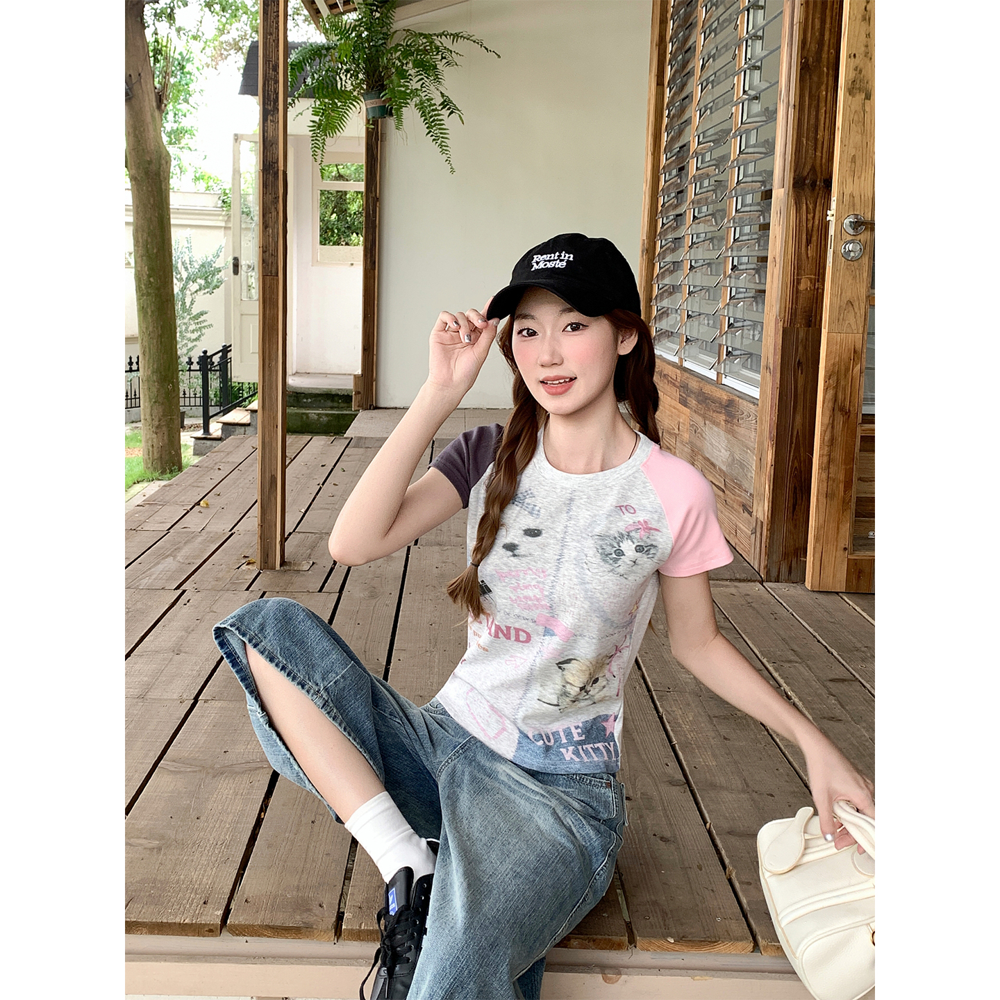 American Retro Cat Print Raglan Short Sleeve T-Shirt for Women Summer Slim Fit - Image 5