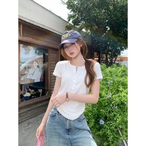 Women's White Henley Neck Short Sleeve T-Shirt Summer Slim Fit Solid Color Basic Top