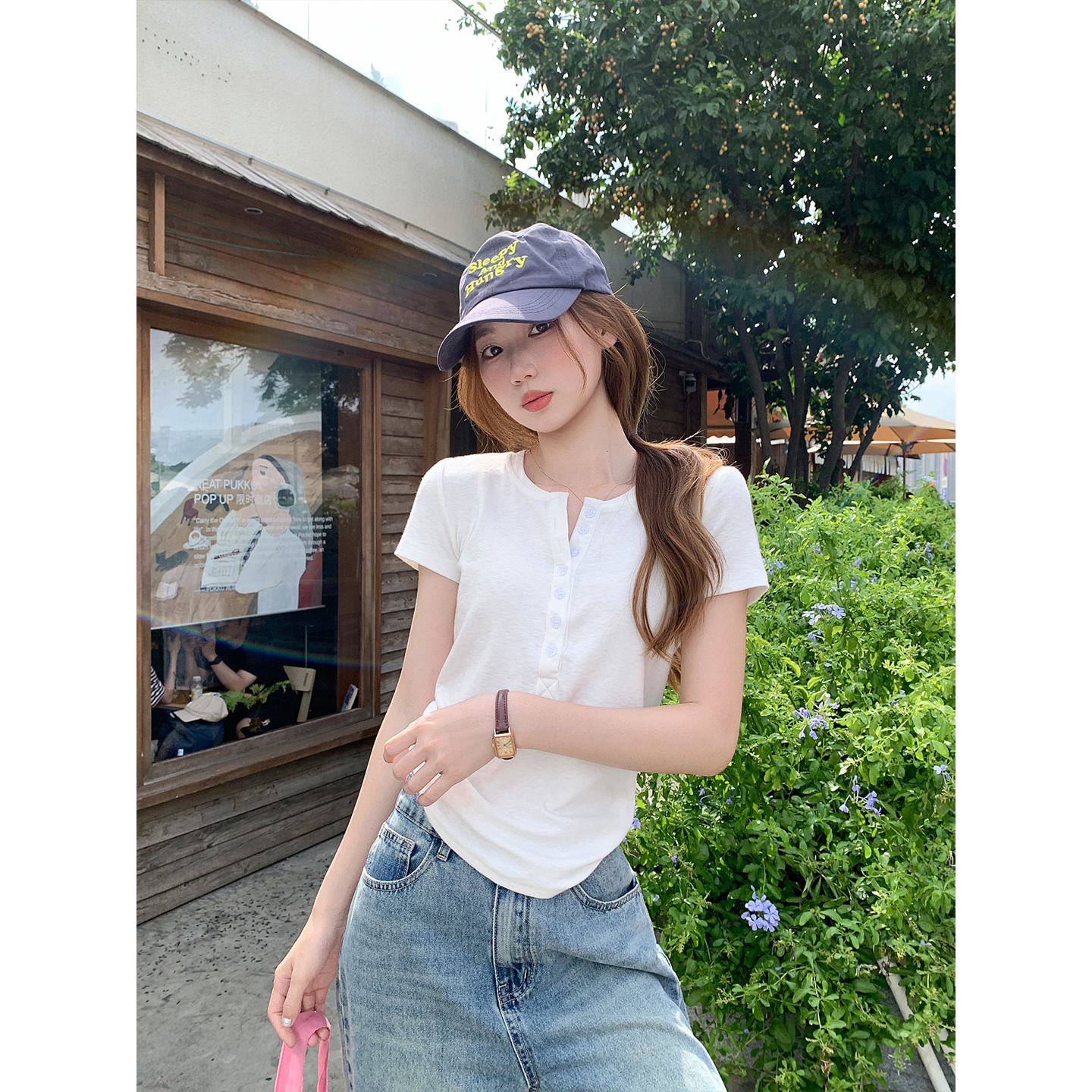 Retro Half-Open Collar Short Sleeve T-Shirt for Women Summer New Simple Solid Color Waist-Cinched Versatile Daily Commute Top - Image 2