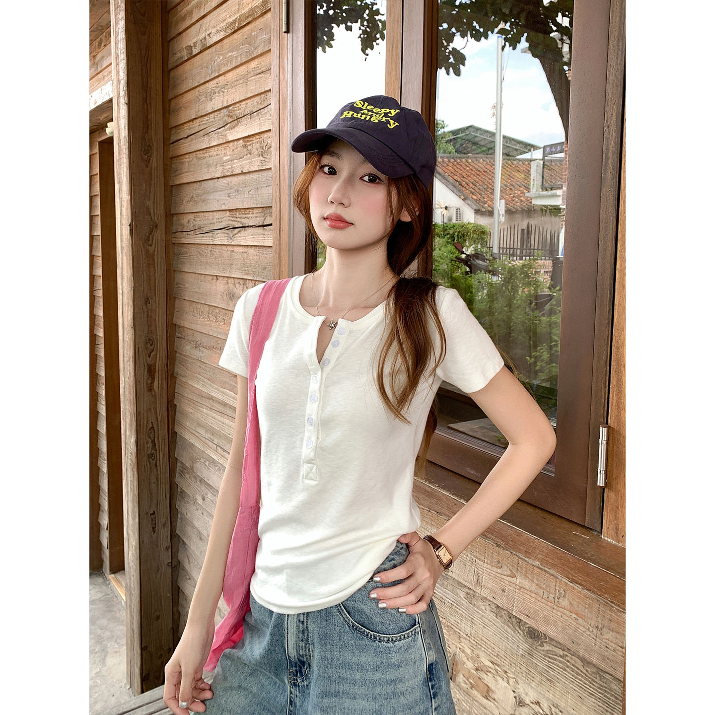 Retro Half-Open Collar Short Sleeve T-Shirt for Women Summer New Simple Solid Color Waist-Cinched Versatile Daily Commute Top - Image 3