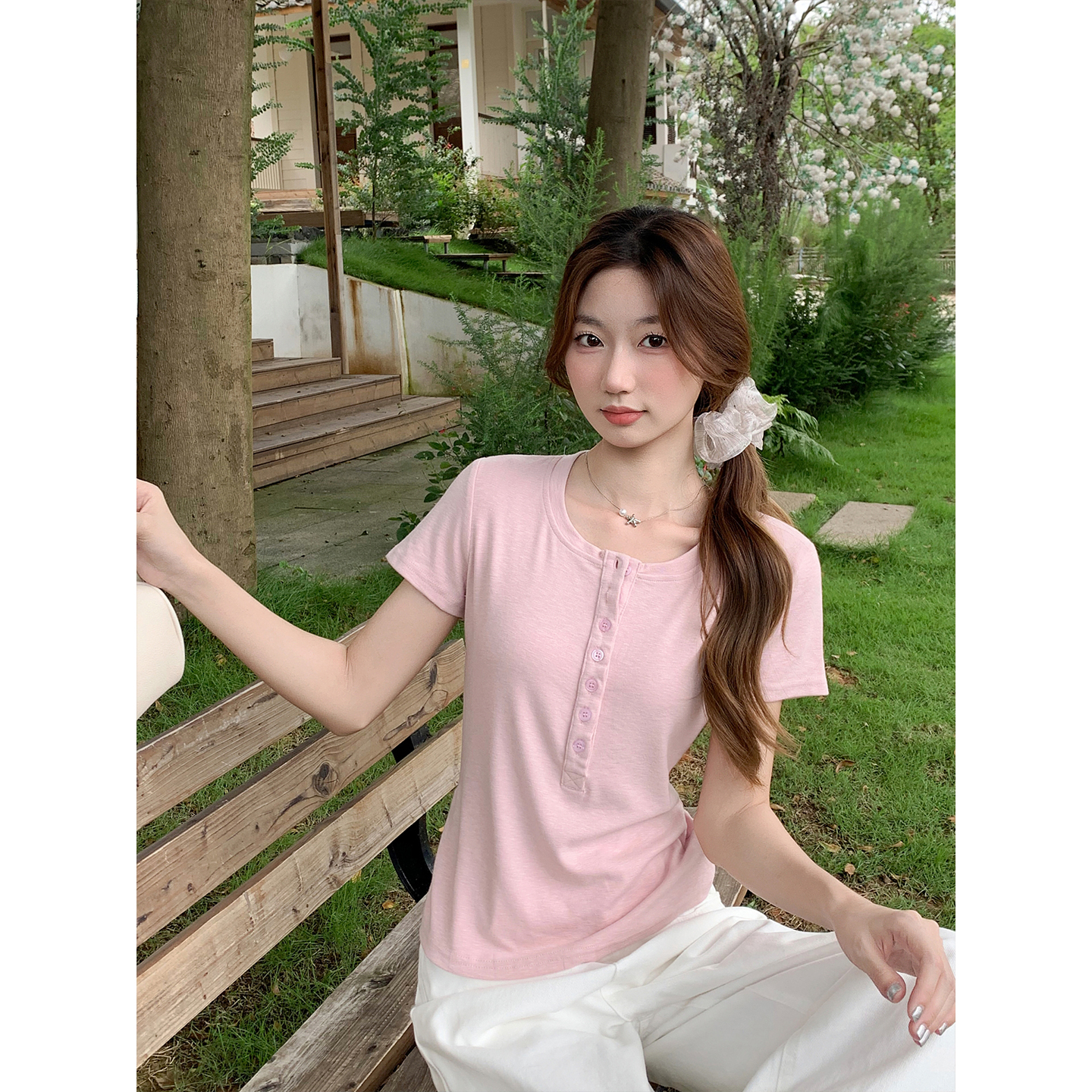 Retro Half-Open Collar Short Sleeve T-Shirt for Women Summer New Simple Solid Color Waist-Cinched Versatile Daily Commute Top