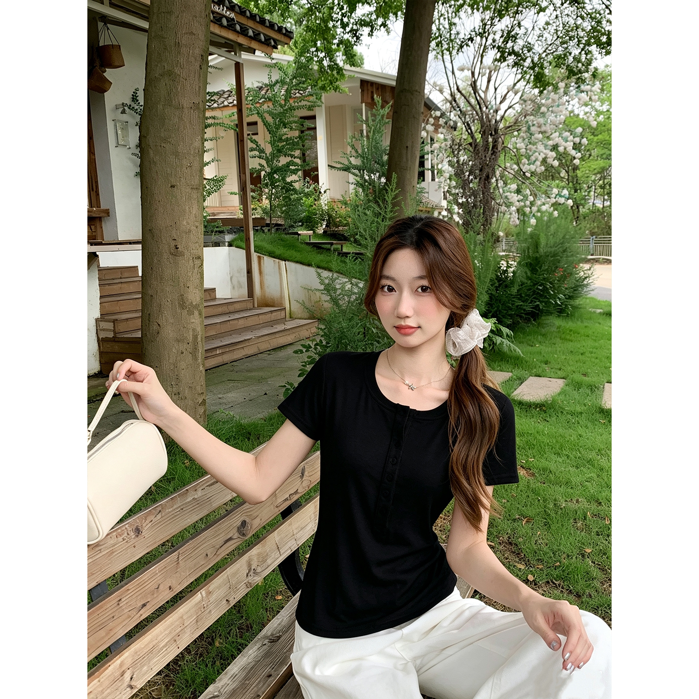 Retro Half-Open Collar Short Sleeve T-Shirt for Women Summer New Simple Solid Color Waist-Cinched Versatile Daily Commute Top - Image 4
