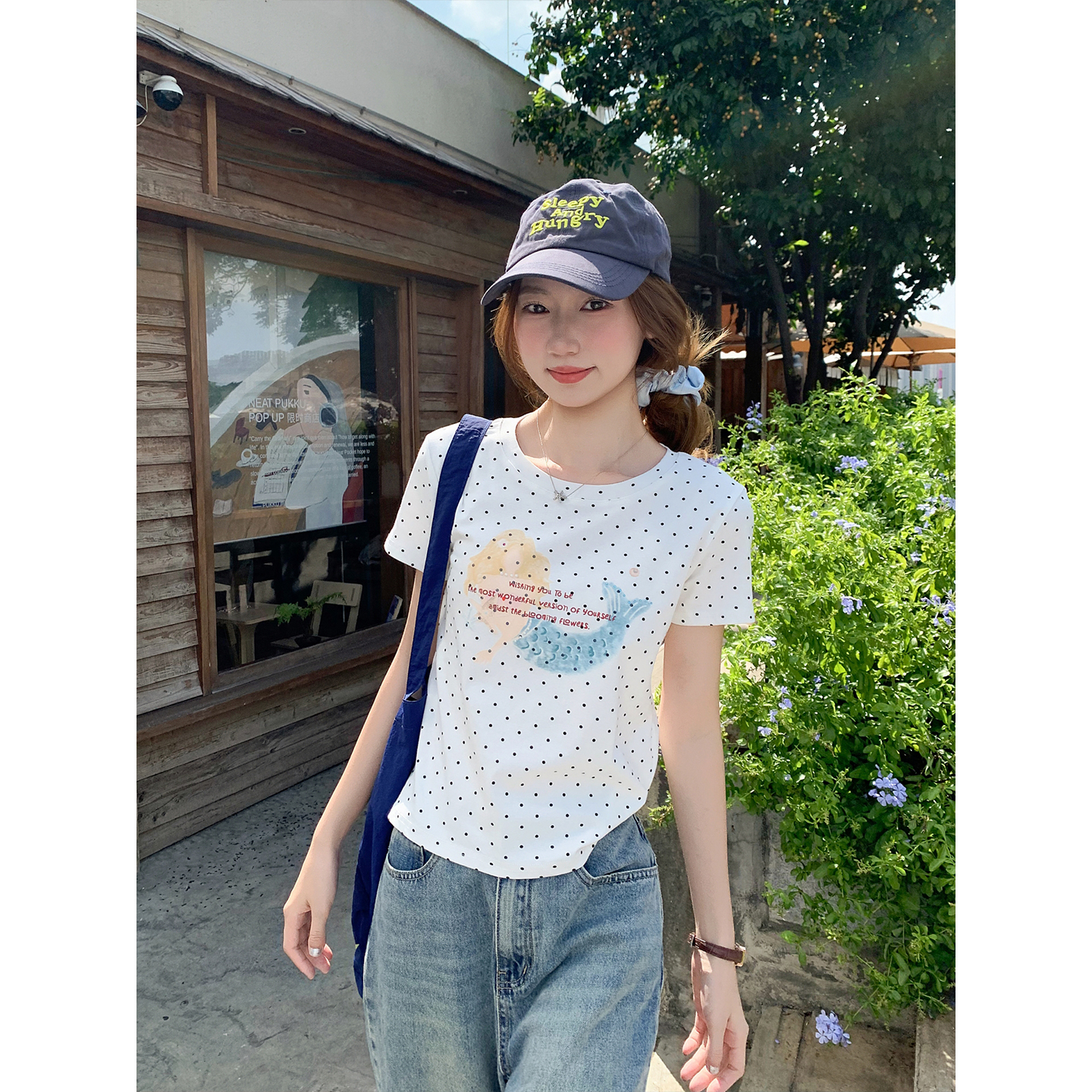 Korean Polka Dot Mermaid Print Short Sleeve T-Shirt Women Summer Slim Fit - Image 3