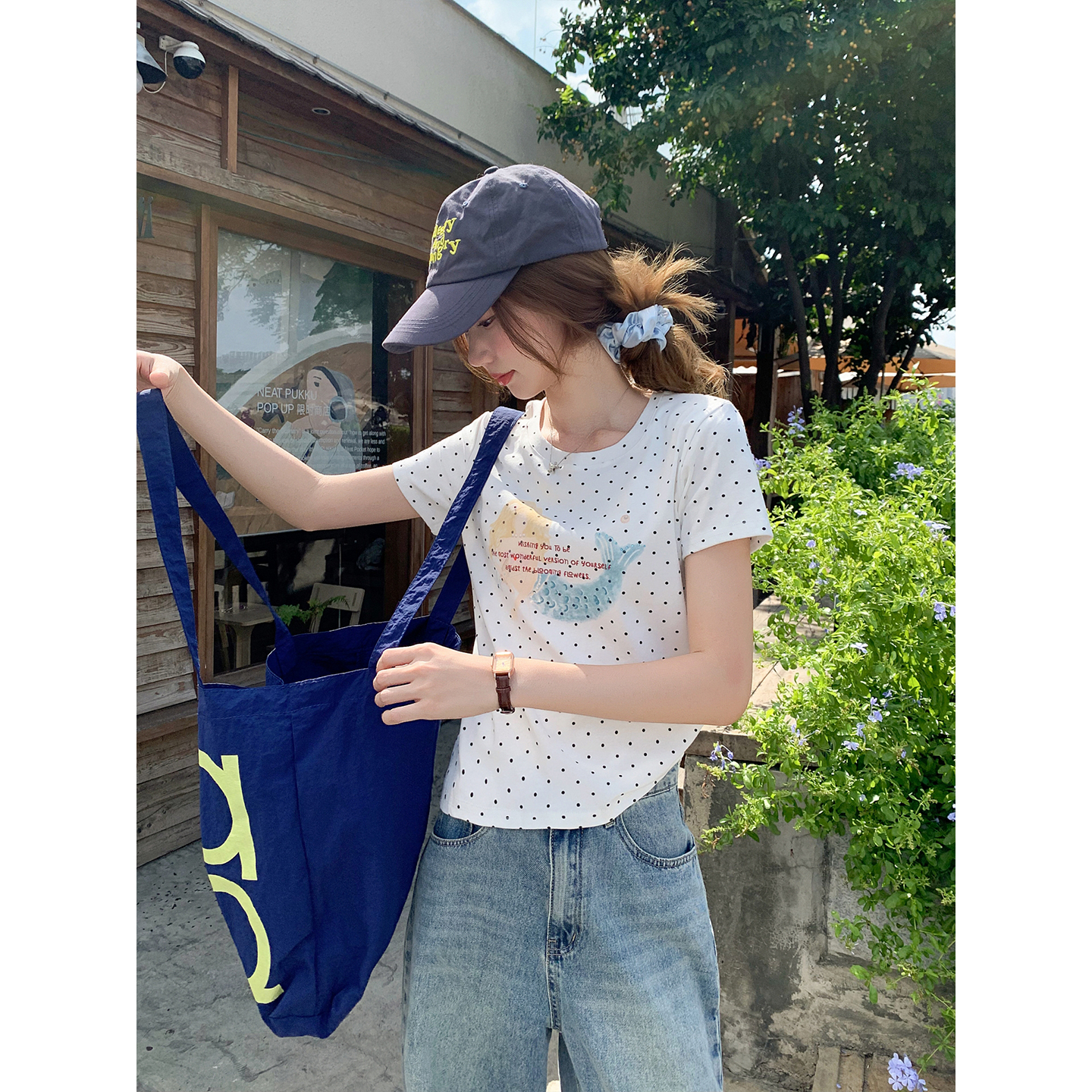 Korean Polka Dot Mermaid Print Short Sleeve T-Shirt Women Summer Slim Fit - Image 4