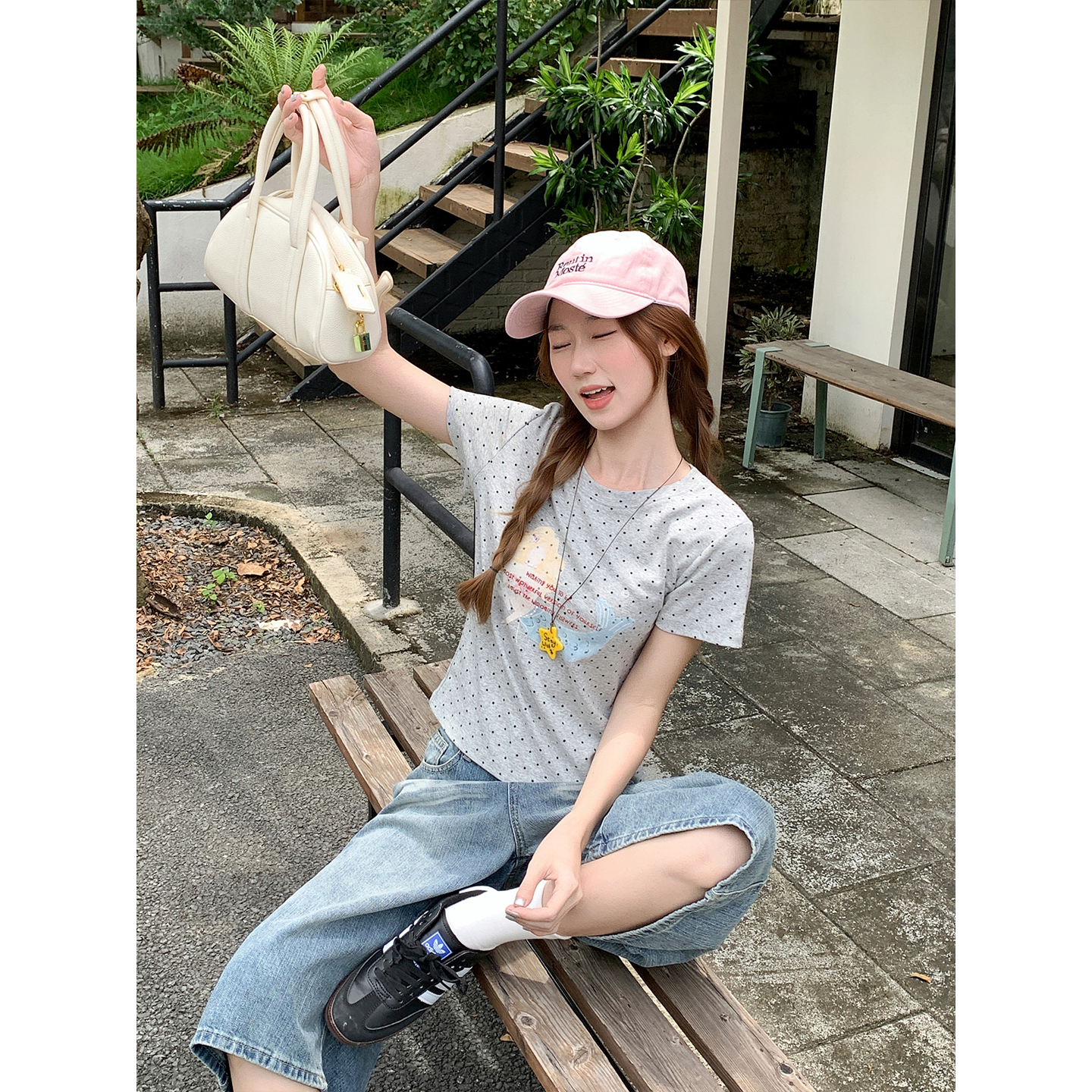 Korean Polka Dot Mermaid Print Short Sleeve T-Shirt Women Summer Slim Fit