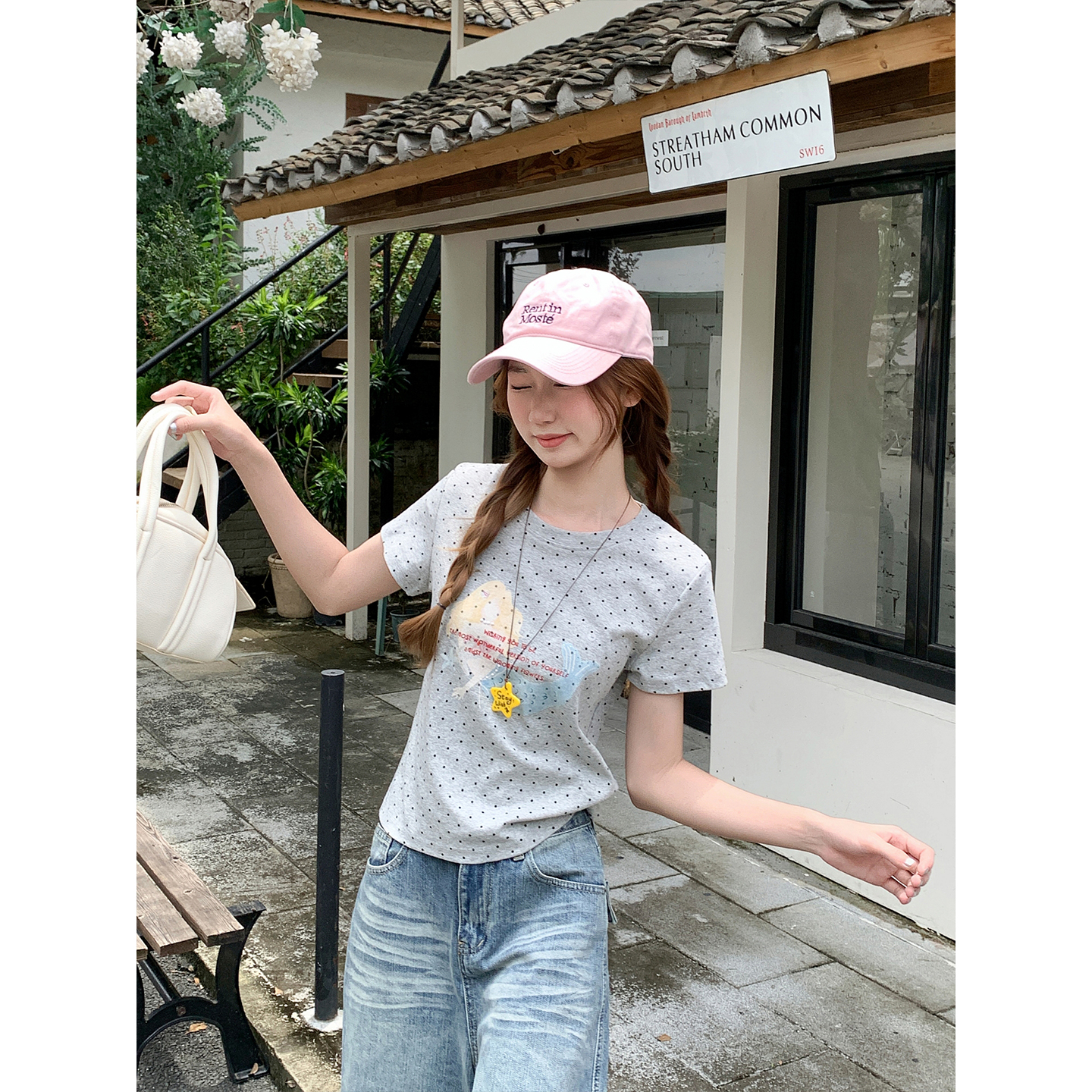 Korean Polka Dot Mermaid Print Short Sleeve T-Shirt Women Summer Slim Fit - Image 2