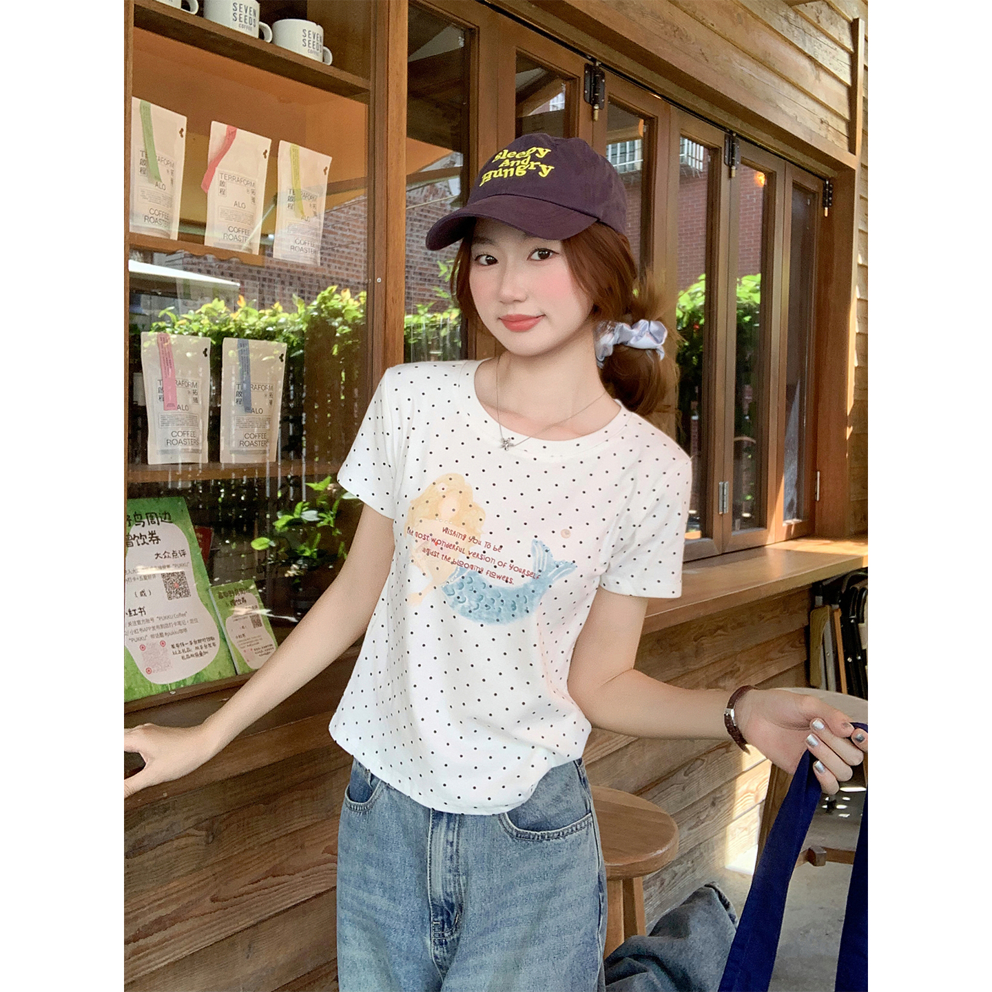 Korean Polka Dot Mermaid Print Short Sleeve T-Shirt Women Summer Slim Fit - Image 5