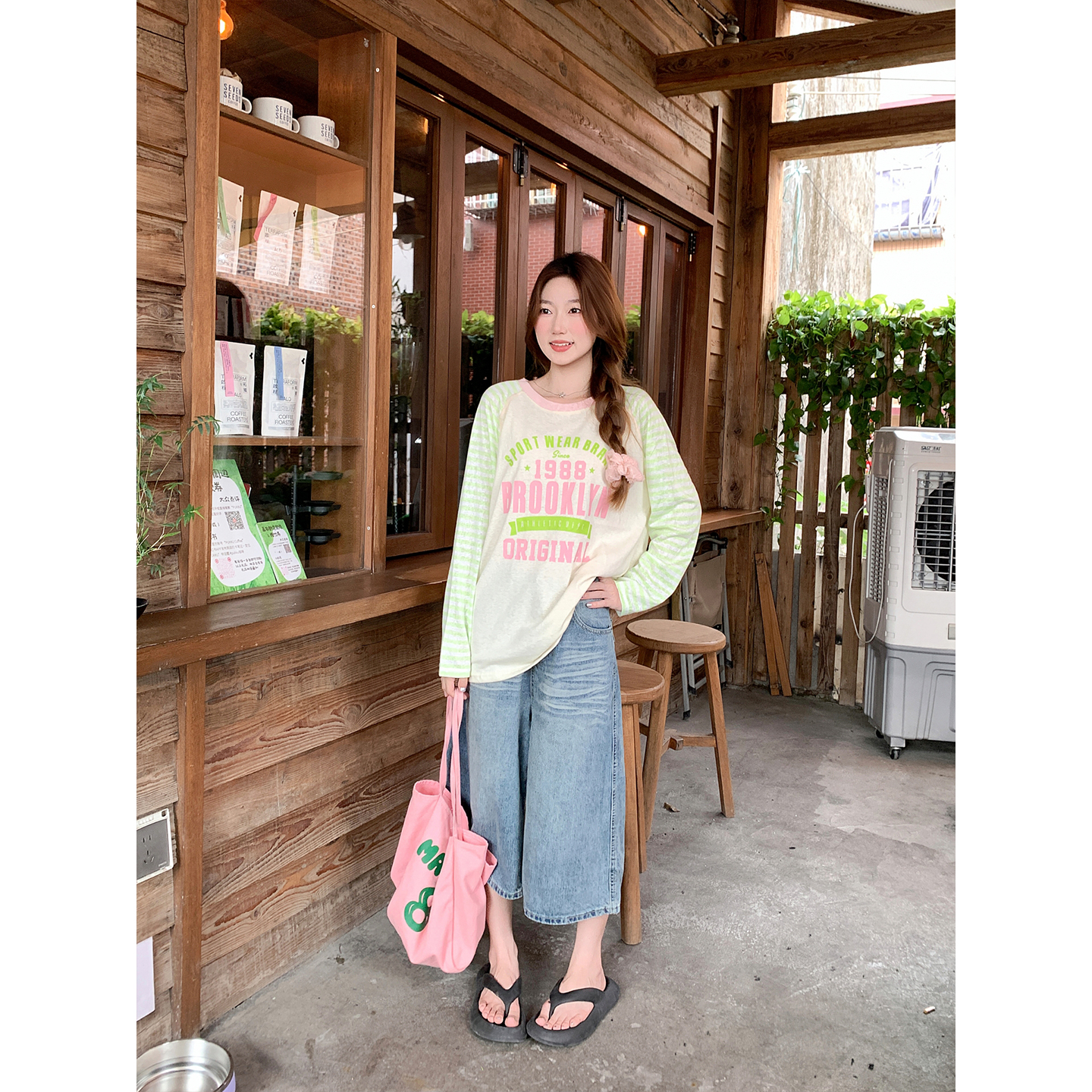 American Retro Number Letter Print Sun Protection Shirt Women Summer New Color Block Striped Round Neck Loose Cover Up Top - Image 2