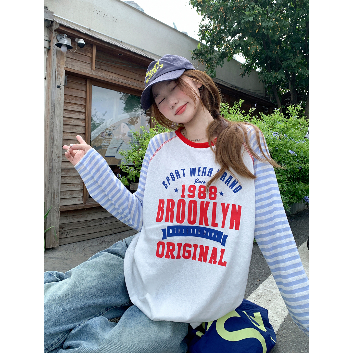 American Retro Number Letter Print Sun Protection Shirt Women Summer New Color Block Striped Round Neck Loose Cover Up Top - Image 3