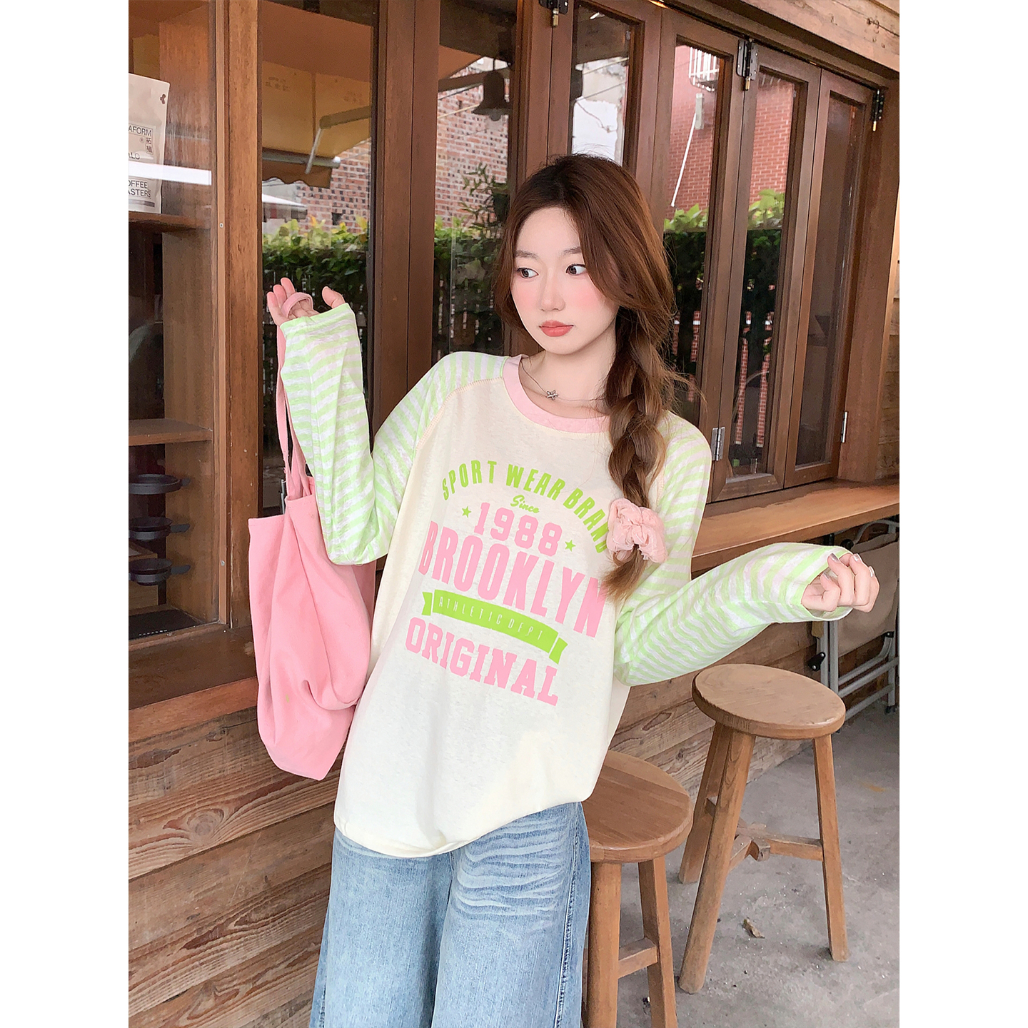 Women Summer Color Block Striped Raglan Long Sleeve Sun Protection Shirt Letter Print Lightweight Breathable Top - Image 3