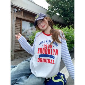Women Summer Color Block Striped Raglan Long Sleeve Sun Protection Shirt Letter Print Lightweight Breathable Top
