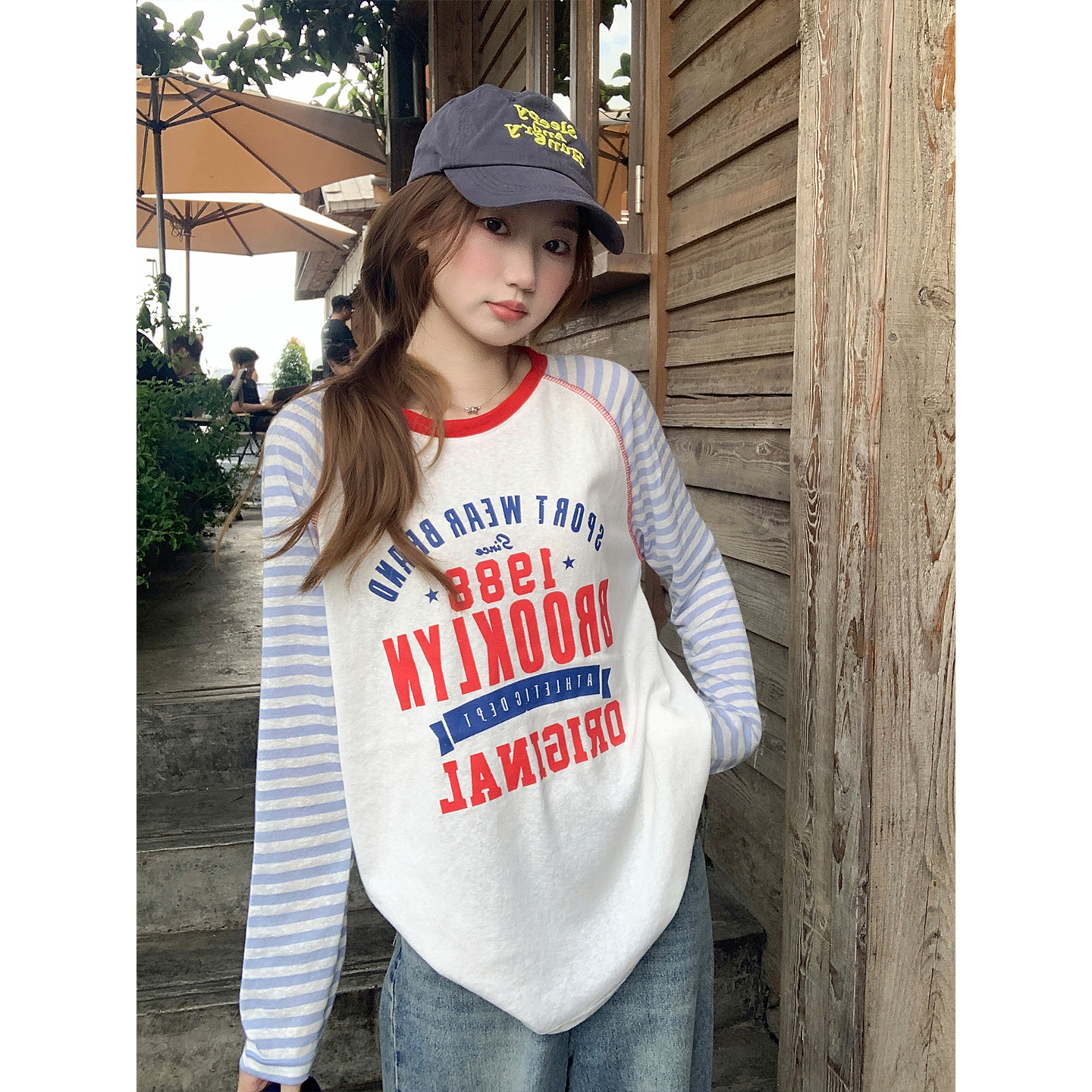 Women Summer Color Block Striped Raglan Long Sleeve Sun Protection Shirt Letter Print Lightweight Breathable Top - Image 2