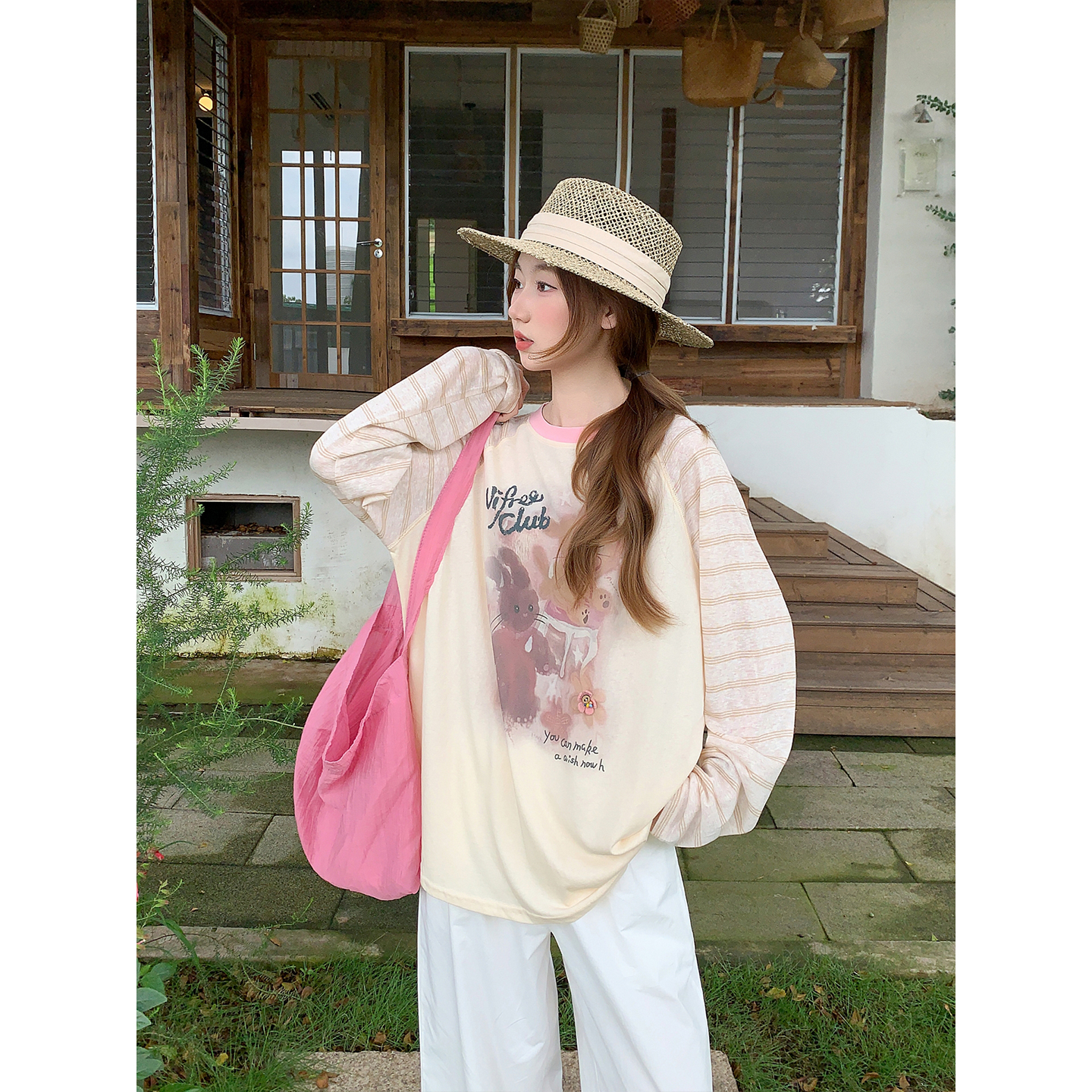 Korean Cartoon Rabbit Print Raglan Long Sleeve Sun Protection Shirt Women Summer Striped Color Block Loose Top - Image 2