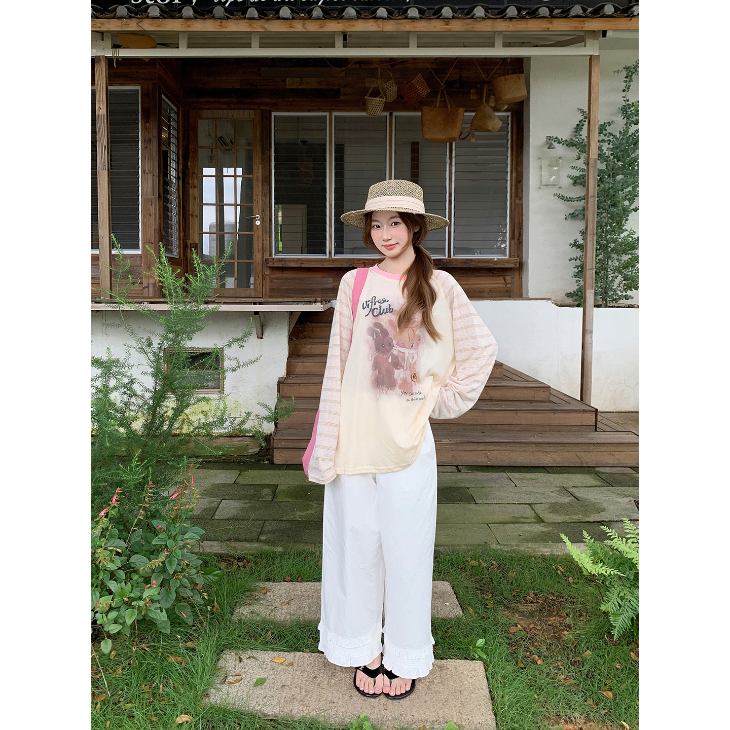 Korean Cartoon Rabbit Print Raglan Long Sleeve Sun Protection Shirt Women Summer Striped Color Block Loose Top - Image 3