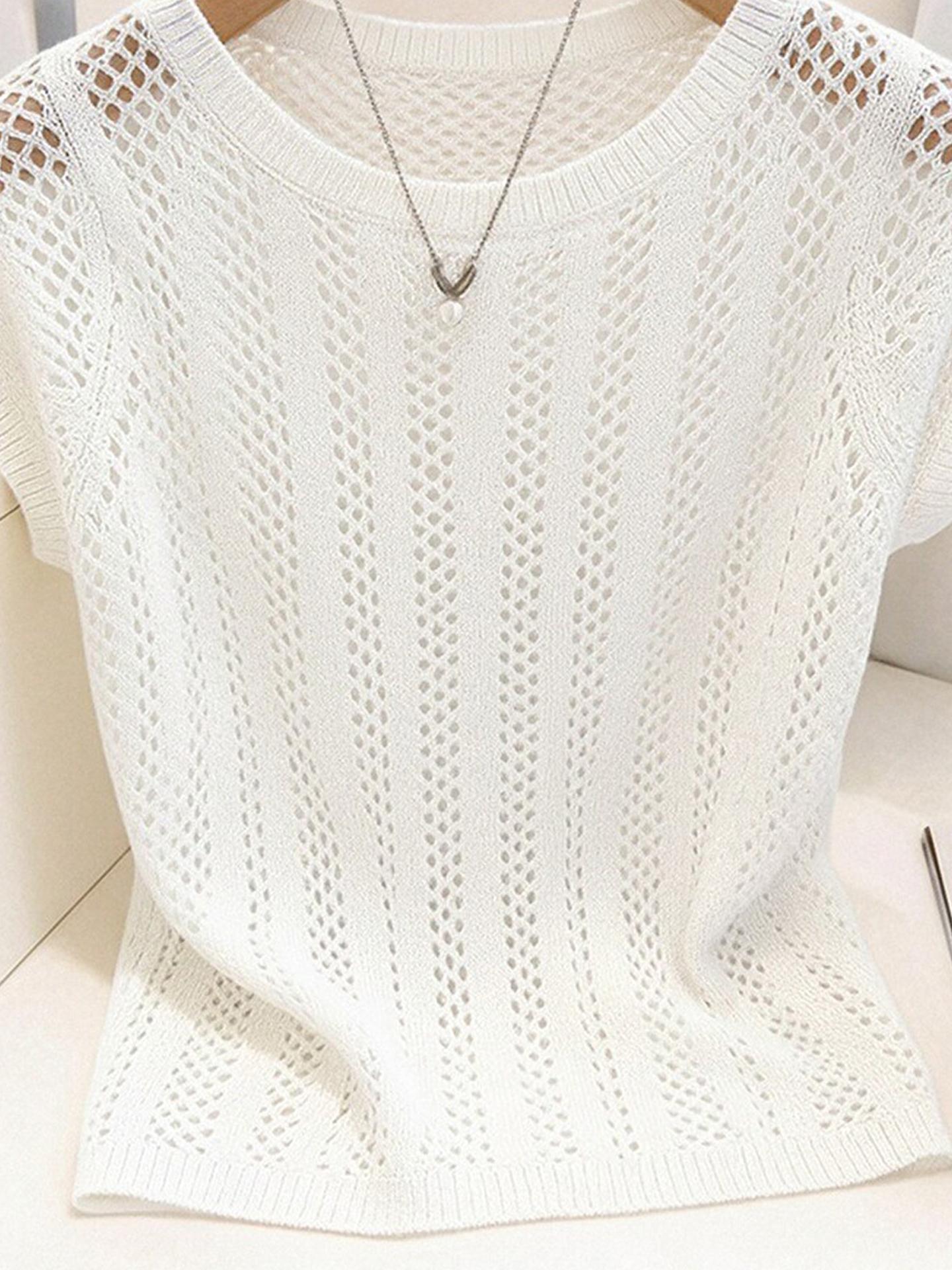 Unique White Hollow-Out Knit Short-Sleeve T-Shirt for Women Summer - Image 2