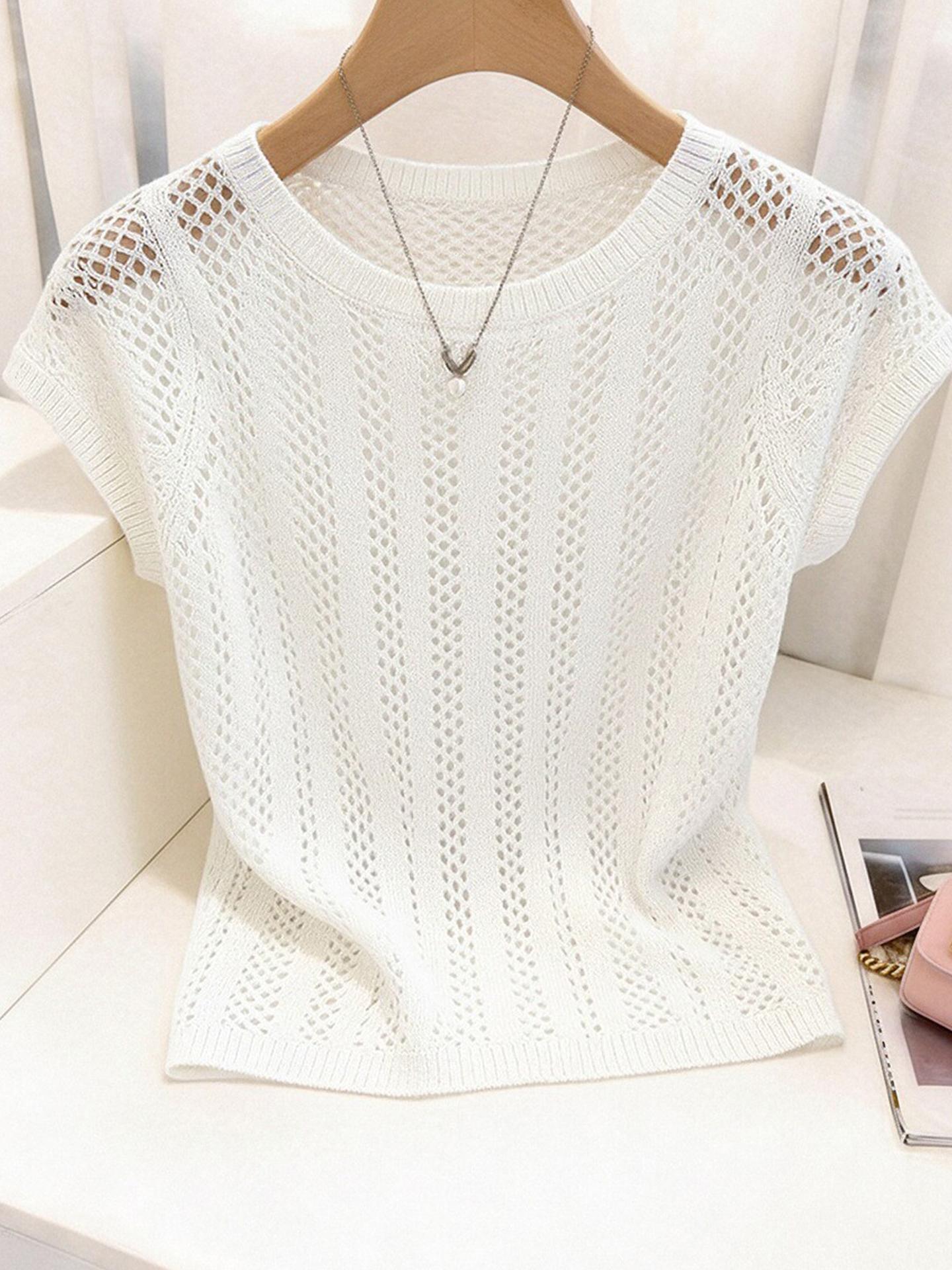 Unique White Hollow-Out Knit Short-Sleeve T-Shirt for Women Summer - Image 4