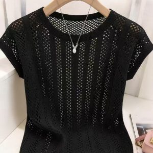 Unique White Hollow-Out Knit Short-Sleeve T-Shirt for Women Summer