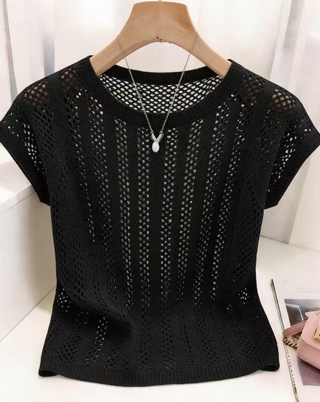 Unique White Hollow-Out Knit Short-Sleeve T-Shirt for Women Summer - Image 3