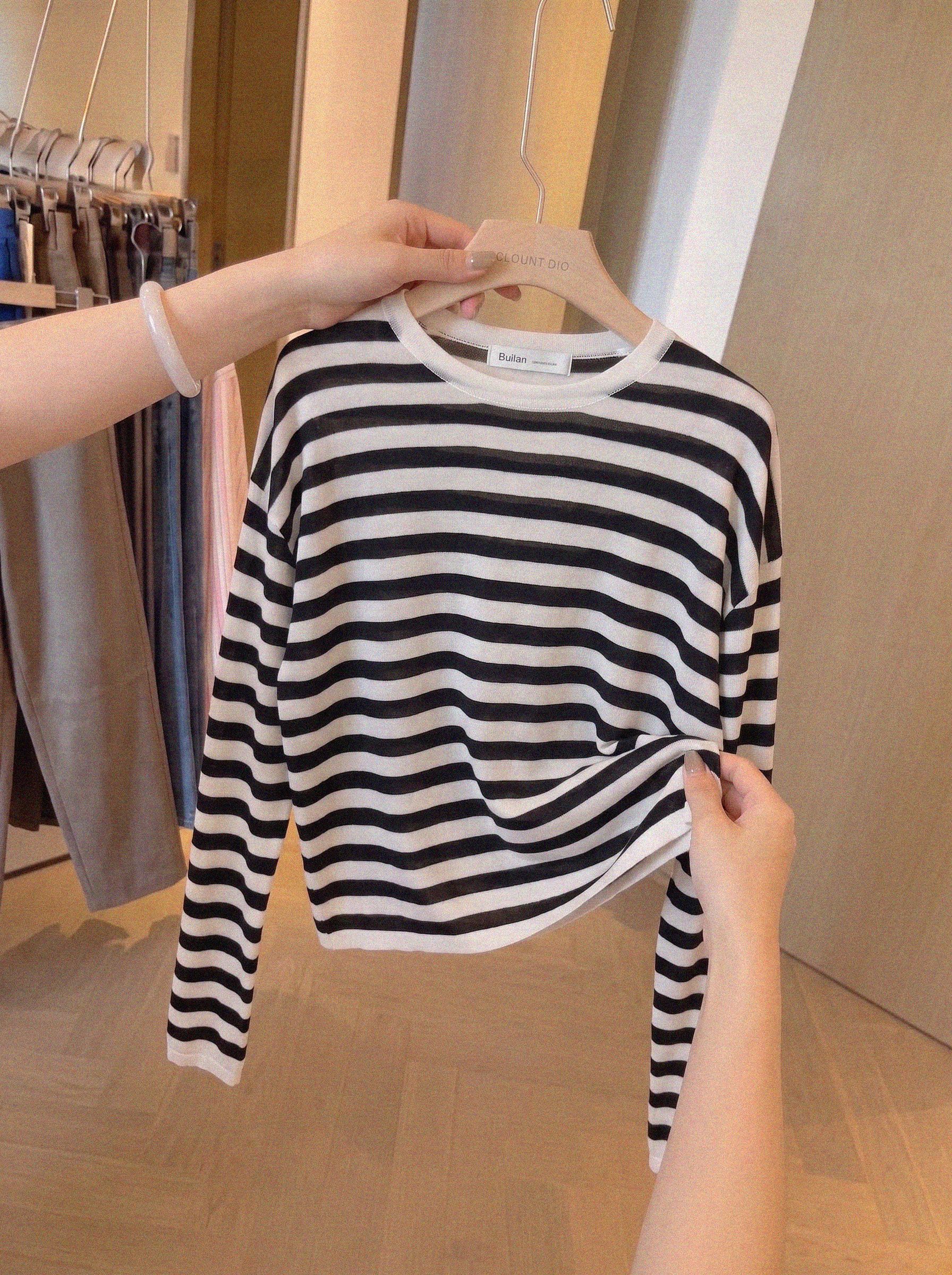 Women's Loose Casual Color Block Striped Knit Top Spring Summer Lightweight Sun Protection Pullover Long Sleeve - Image 2