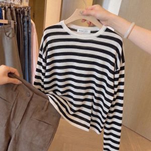 Women's Loose Casual Color Block Striped Knit Top Spring Summer Lightweight Sun Protection Pullover Long Sleeve
