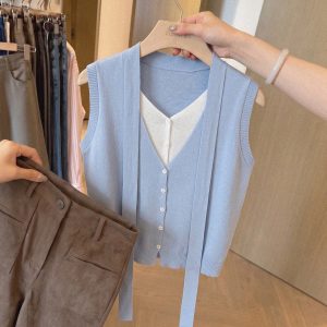 Blue Ribbon Halter V-Neck Fake Two-Piece Sleeveless Knit Top for Women Summer Short Vest