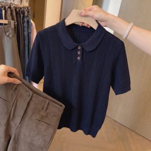 Korean Style Polo Collar Short Sleeve Knit Top for Women Summer Loose Fit