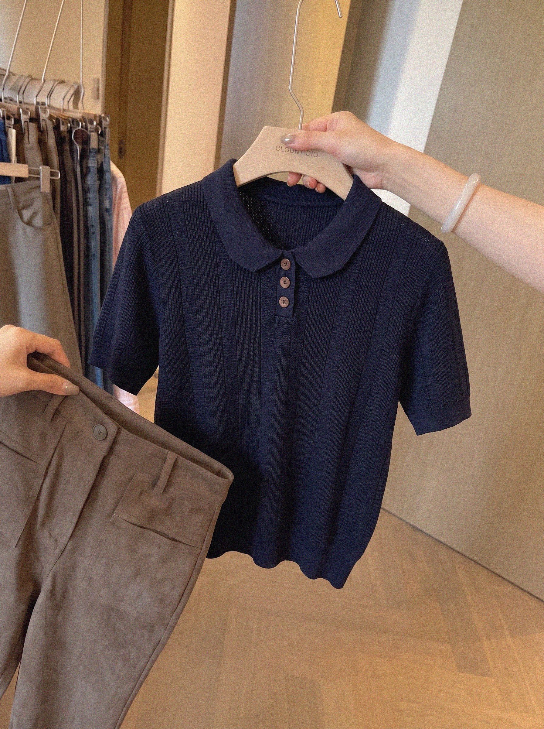 Korean Style Polo Collar Short Sleeve Knit Top for Women Summer Loose Fit