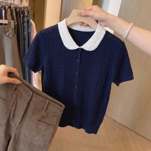 2026 Summer Preppy Color Block Doll Collar Short Sleeve Knit Top for Women Slimming Cardigan