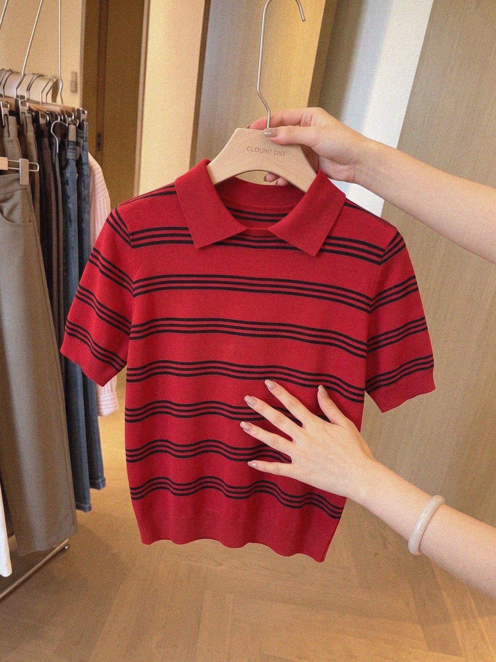 Red Striped Short Sleeve Knit Top for Women 2026 Summer Loose Relaxed Style - Image 2