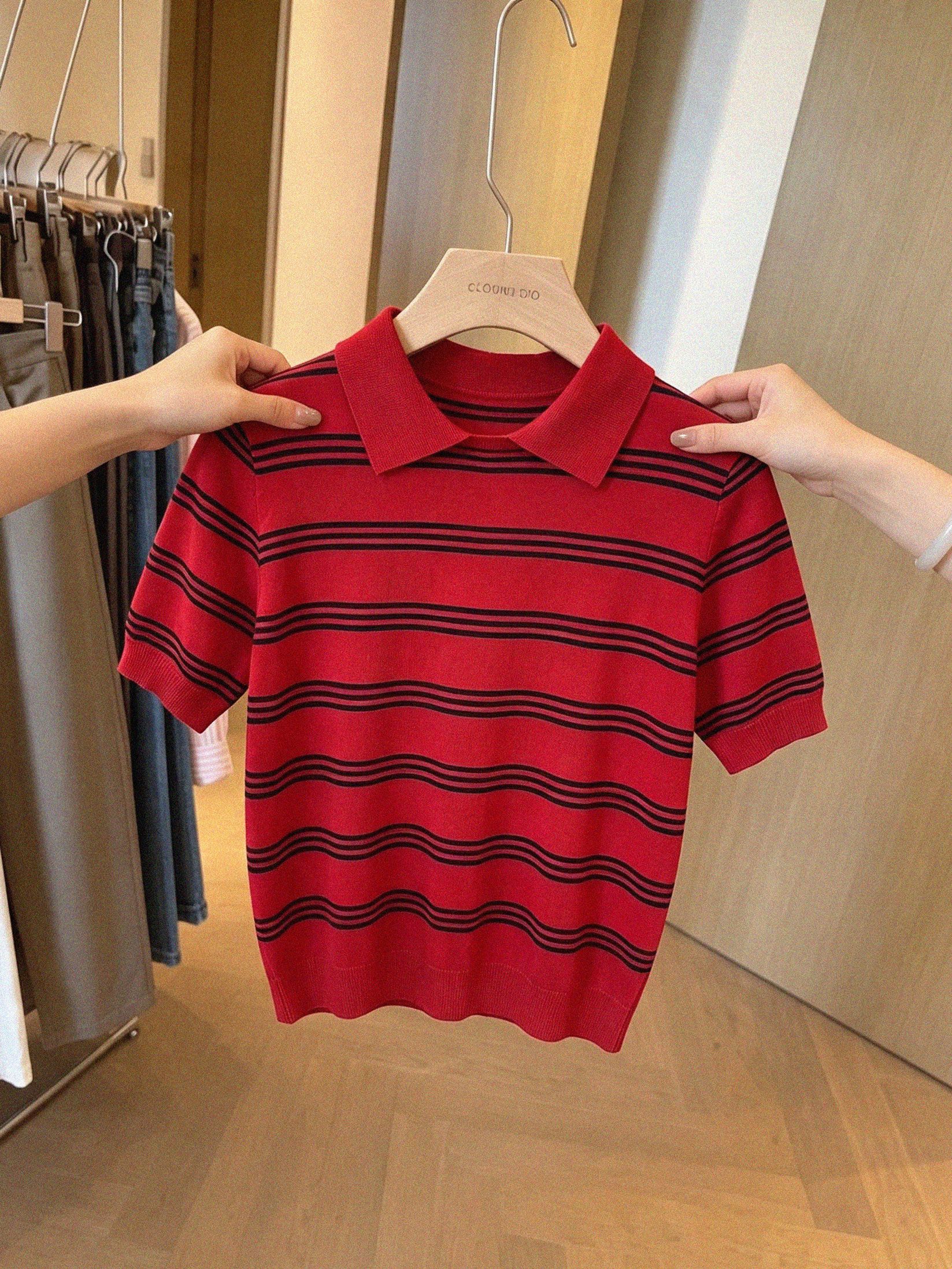 Red Striped Short Sleeve Knit Top for Women 2026 Summer Loose Relaxed Style - Image 4