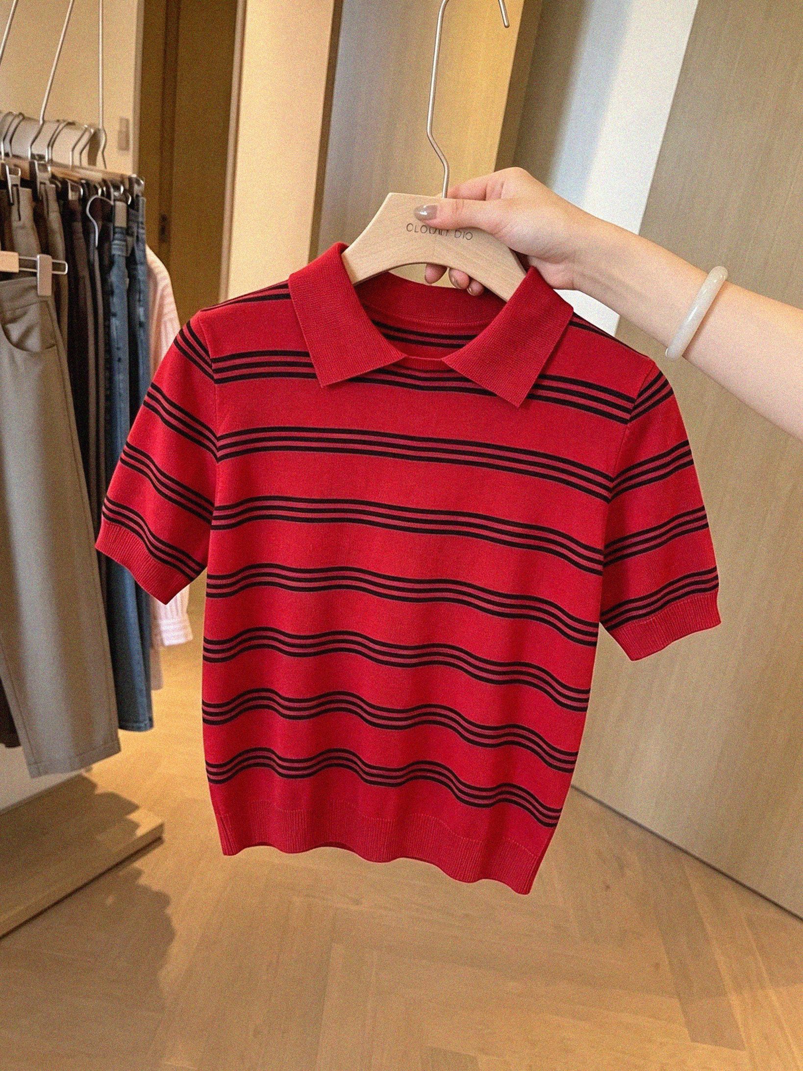 Red Striped Short Sleeve Knit Top for Women 2026 Summer Loose Relaxed Style - Image 3