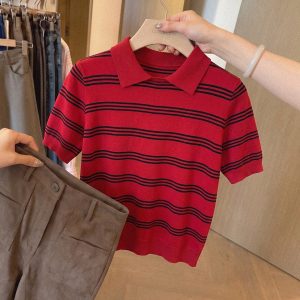 Red Striped Short Sleeve Knit Top for Women 2026 Summer Loose Relaxed Style