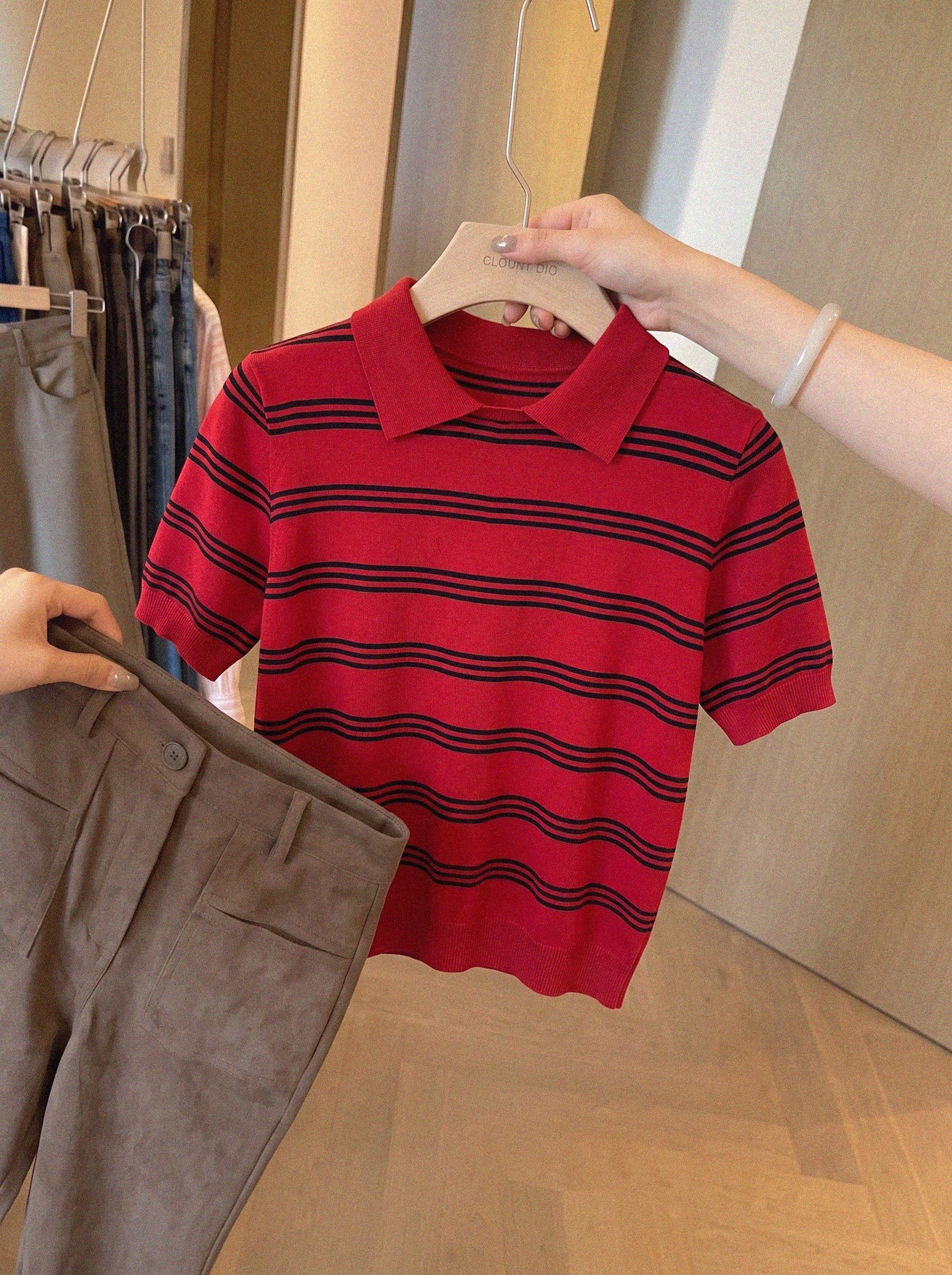 Red Striped Short Sleeve Knit Top for Women 2026 Summer Loose Relaxed Style