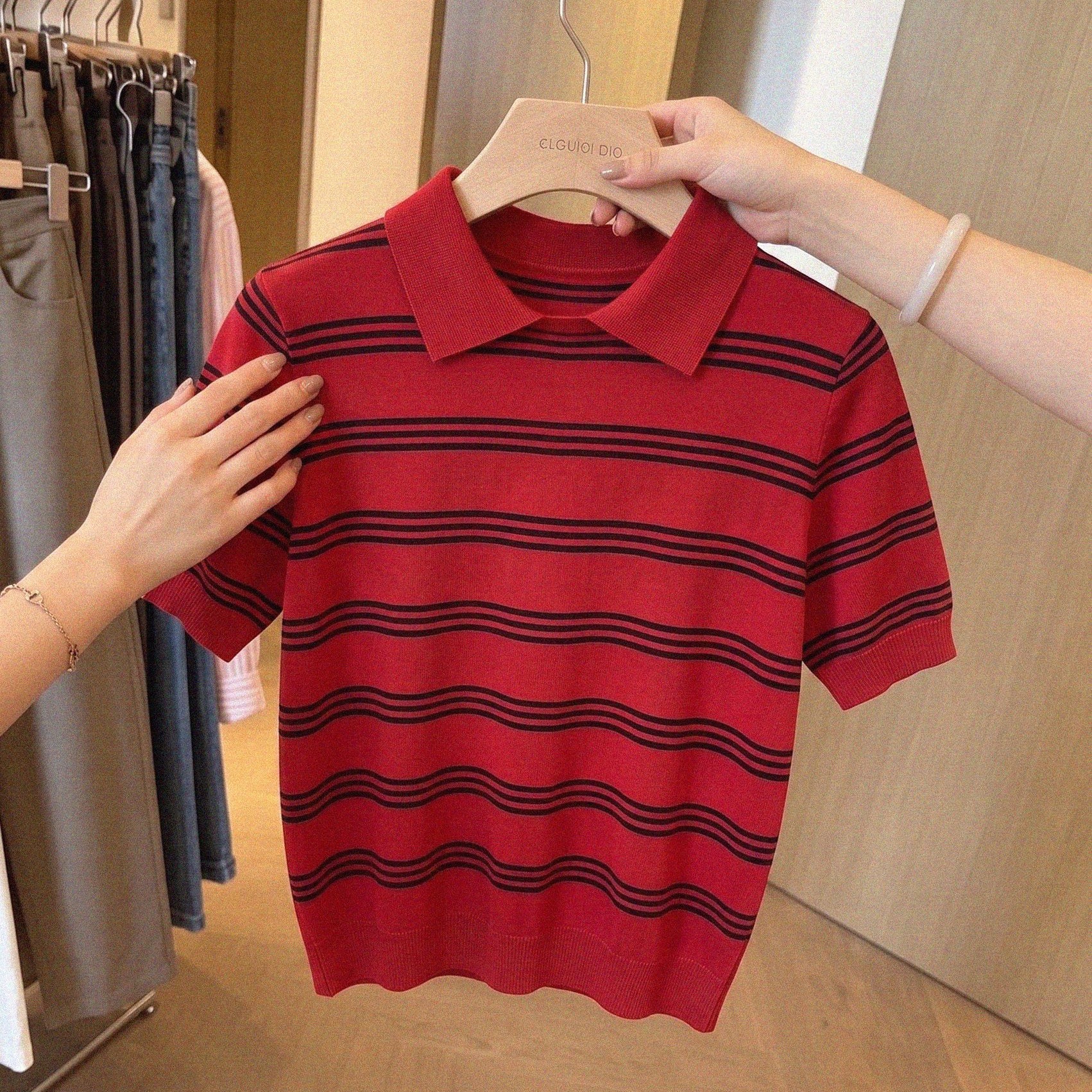 Red Striped Short Sleeve Knit Top for Women 2026 Summer Loose Relaxed Style - Image 5