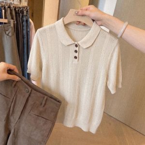 Women's French Old Money Retro Short Sleeve Knit Polo Shirt Loose Collared Top