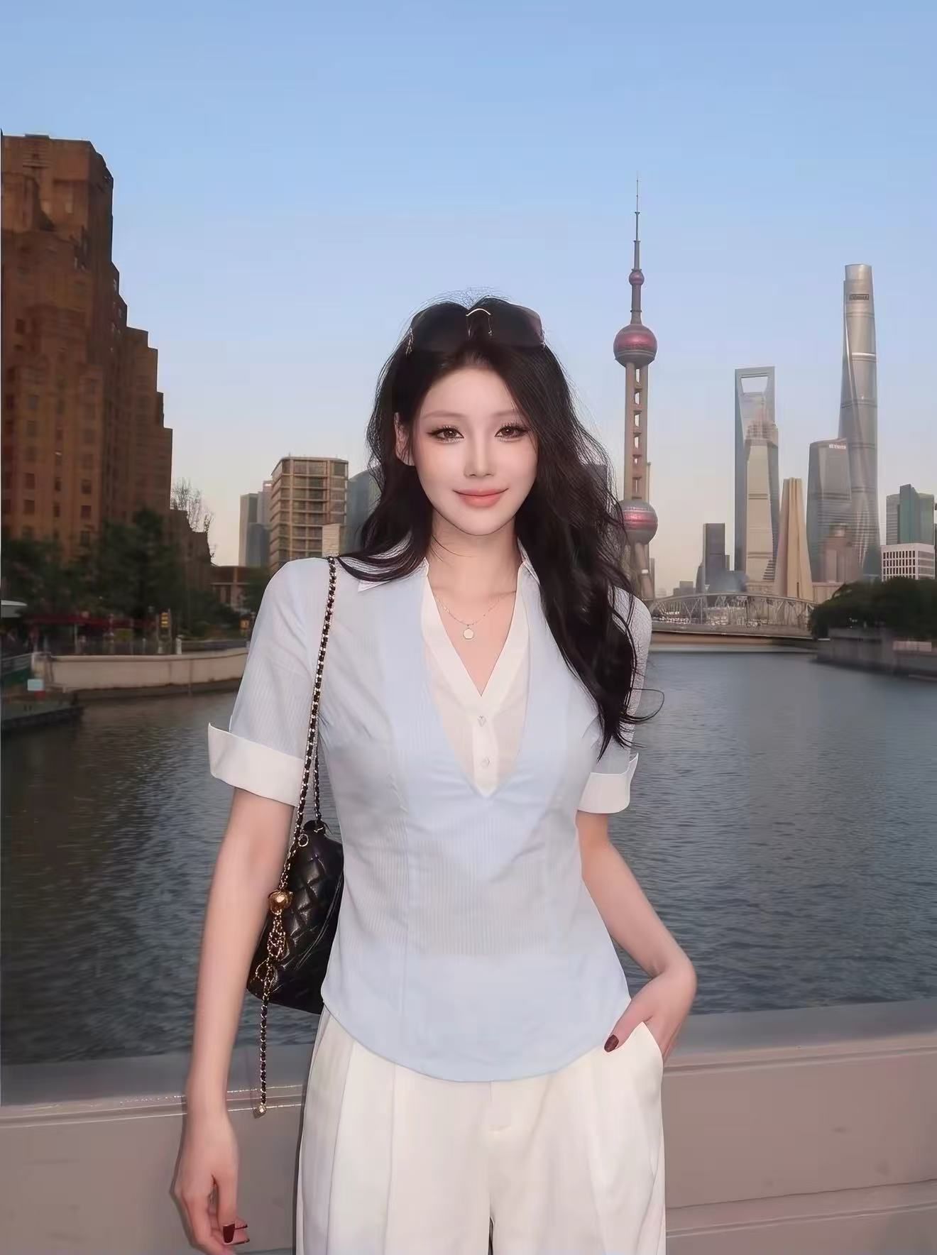 Women's Faux Two-Piece V-Neck Short Sleeve Slim Fit Shirt - Image 2