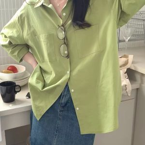 100% Cotton Light Purple Long Sleeve Shirt for Women 2026 Autumn Loose Casual Minimalist Top